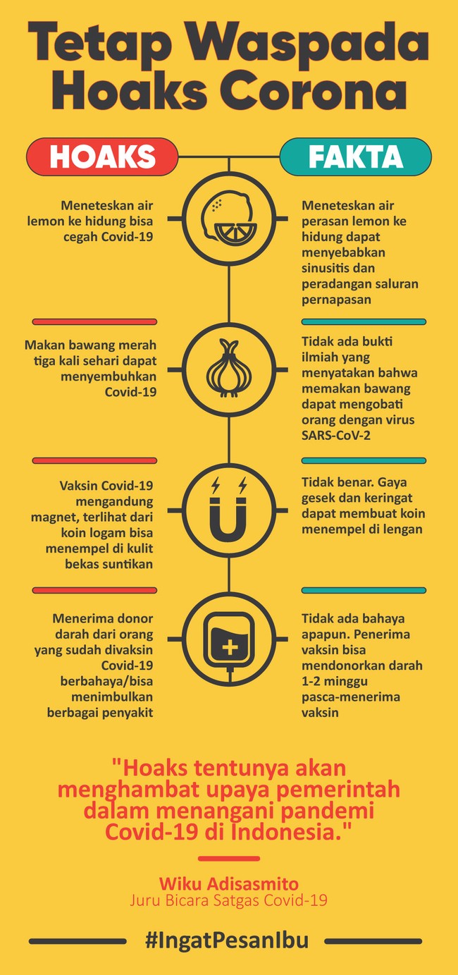 Satu tahun lebih pandemi Covid-19 melanda dunia, informasi palsu (hoaks) mengenai virus corona masih merajalela di dunia maya.