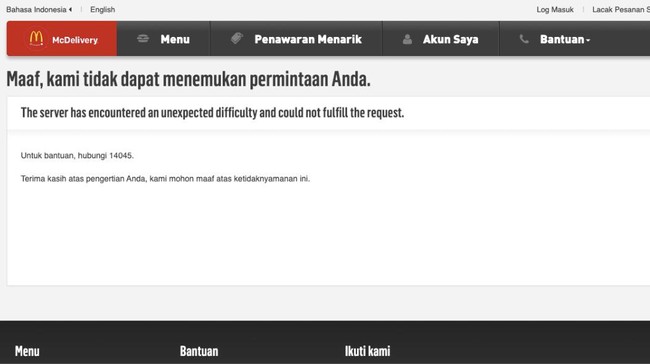 Situs McDelivery milik gerai waralaba McDonald alami gangguan jelang promo hari ini.