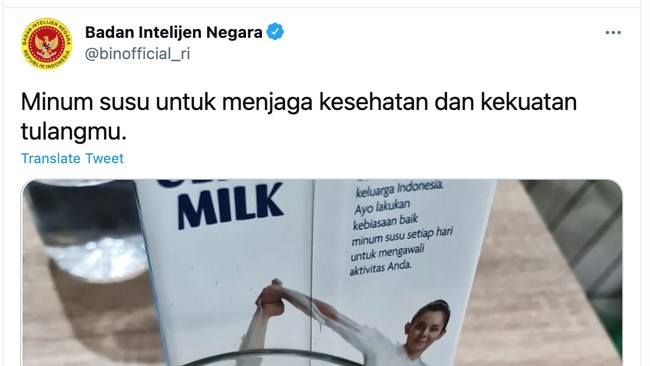 Netizen lontarkan berbagai komentar kocak ketika membalas cuitan BIN yang menganjurkan untuk minum susu.