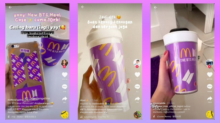 Beberapa pengguna tiktok juga berbagi tutorial mengubah kemasan BTS Meal menjadi cover casing dan botol tumbler. Selain kreatif, tindakan satu ini tentunya juga bisa mengurangi sampah kemasan. (Sc Pict : tiktok @alleciangelline @avocuddle @Lon)