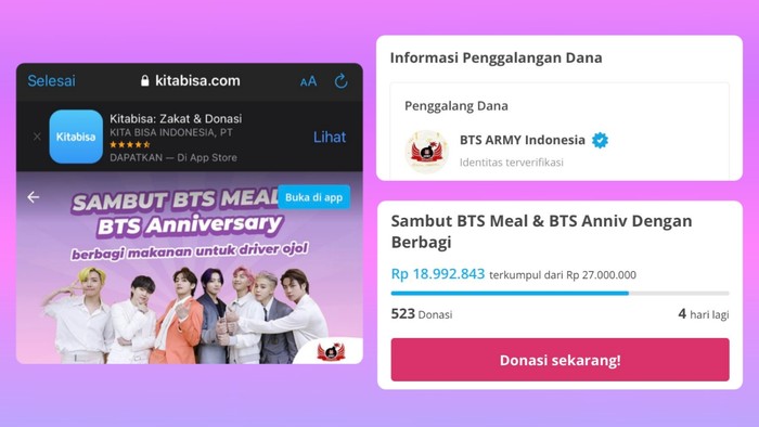 Bentuk terima kasih ARMY terhadap ojol yang rela ngantri berjam-jam juga dilakukan melalui donasi di aplikasi website KitaBisa yang kemudian akan dibagikan ke ojol dalam bentuk makanan. (Sc Pict : twitter.com/ShilmyA)