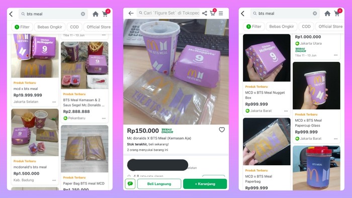 BTS meal ini bahkan dijadikan ladang cuan dengan cara mengumpulkan kemasannya yang kemudian dibersihkan supaya dapat dijual kembali. Melihat harga yang ditawarkan sangatlah tidak wajar, bisa jadi ini hanyalah sebuah candaan. (Sc Pict : Tokopedia.com)