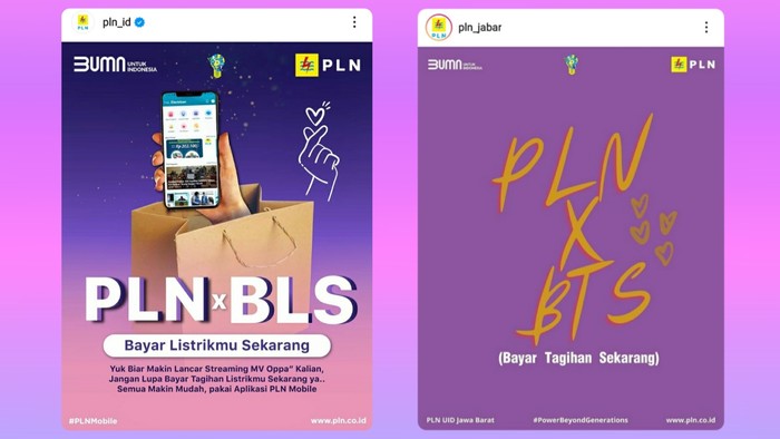 PLN juga tidak mau ketinggalan momen yang satu ini. Mereka membuat sebuah poster dengan vybes BTS sebagai reminder supaya masyarakat tidak lupa membayar tagihan. (Sc Pict : instagram.com/pln_id & instagram.com/pln_jabar)
