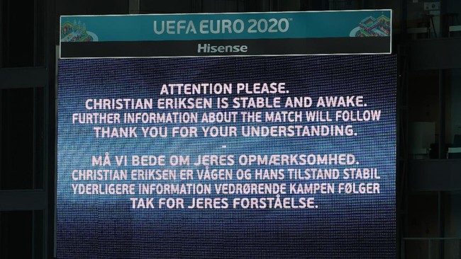 Gelandang Denmark, Christian Eriksen, yang pingsan dalam laga melawan Finlandia di Euro 2020 (Euro 2021) dilarikan ke rumah sakit dalam keadaan stabil.
