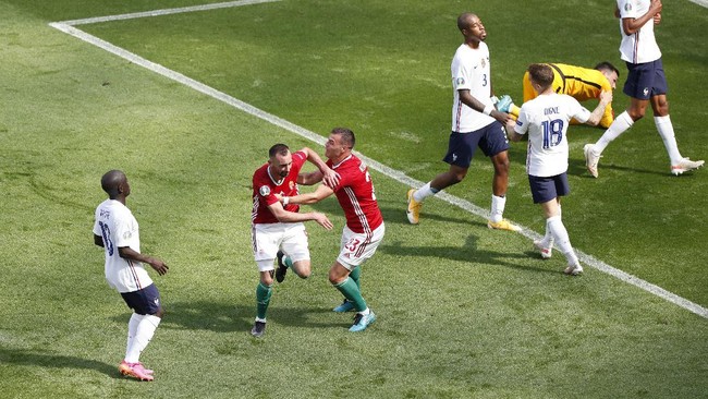 Hungaria unggul 1-0 atas Prancis di babak pertama pada laga kedua Grup F Euro 2020 (Euro 2021) di Stadion Puskas Arena, Sabtu (19/6).