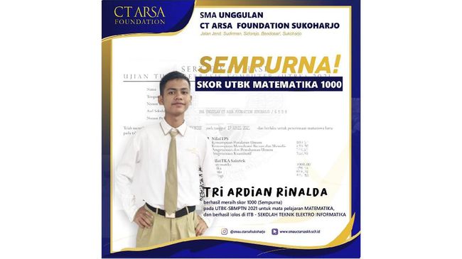 Siswa SMA unggulan CT Arsa Sukoharjo Tri Ardian Rinalda membocorkan rahasianya bisa meraih nilai sempurna matematika UTBK SBMPTN 2021.