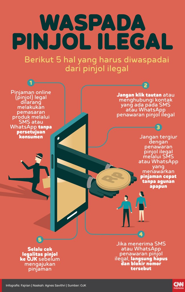 OJK menegaskan penawaran pinjaman via SMS atau WhatsApp merupakan ciri pinjol ilegal. Berikut 5 hal yang harus diwaspadai dari pinjol ilegal.