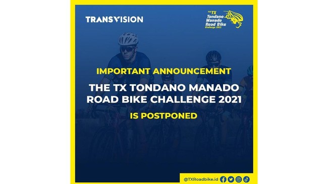 Ajang balap sepeda 'The TX Tondano Manado Road Bike Challenge 2021' terpaksa ditunda, seiring dengan kenaikan kasus Covid-19 di Indonesia.