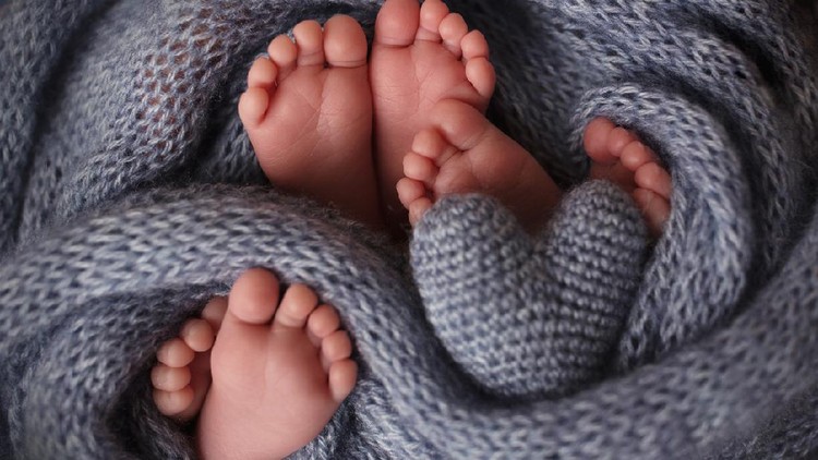 Portrait showing parents' hands and babies' feet.
