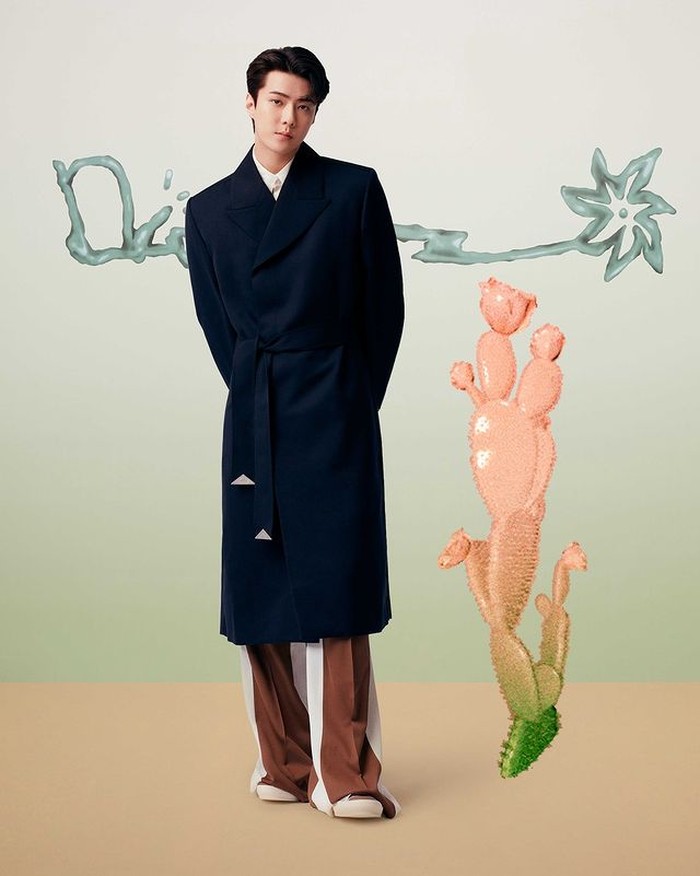 Tidak hanya aktor, personil Kpop Group juga tampil untuk kolaborasi ini.Sehun dari EXO tampil dengan koleksi Cactus Jack Dior. Sehun mengenakan Oversize Coat berwarna navy, White Cotton Shirt, Oversize Pants dan Brown 'B23' sneakers (instagram.com/dior)