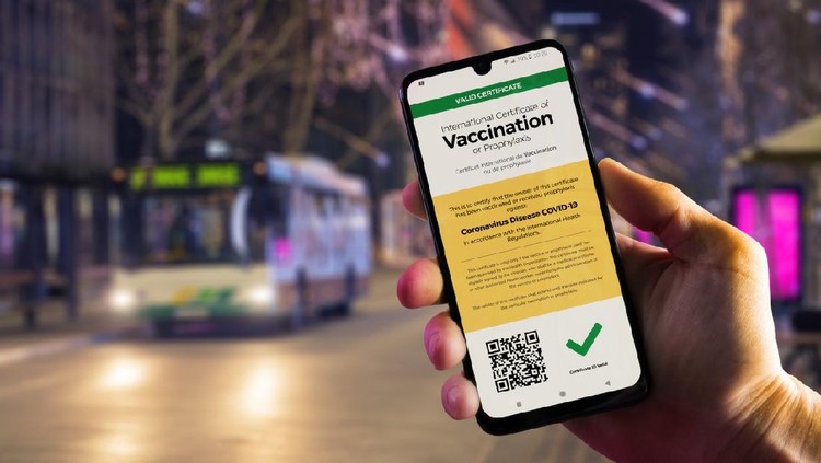 Smartphone displaying a valid digital vaccination certificate for COVID-19 in male's hand, downtown and city bus in background. Vaccination, immunity passport, health and surveillance concepts
