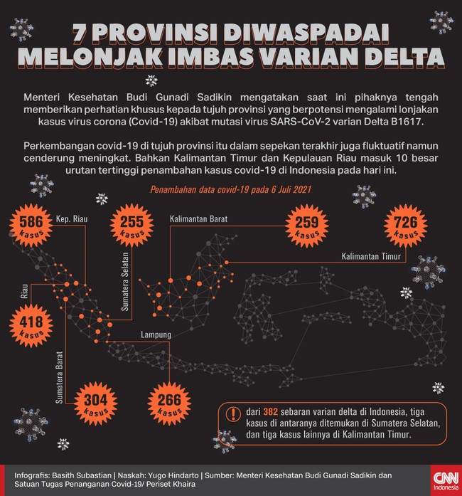 Pemerintah memberikan perhatian khusus kepada tujuh provinsi yang berpotensi mengalami lonjakan kasus Covid-19 akibat mutasi virus SARS-CoV-2 varian Delta B1617