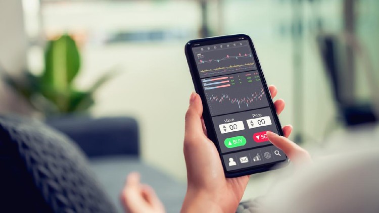 Stock exchange market concept, businesswoman trader looking on smartphone with graphs analysis candle line on sofa in house, diagrams on screen.