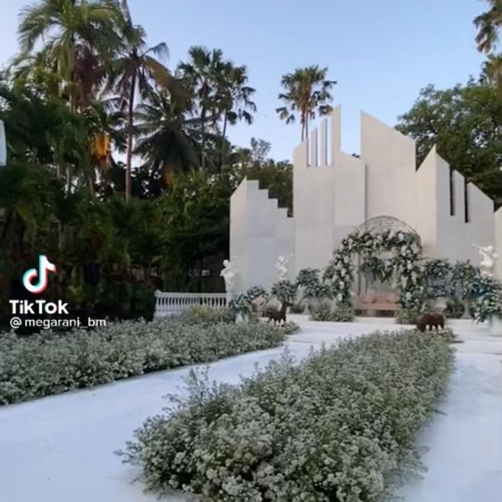 <p>Selain itu, dekorasi yang dibuat secara outdoor ini dikelilingi oleh banyak pohon kelapa, Bunda. Semakin terlihat menawan, ya! (Foto: TikTok @megarani_bm)</p>