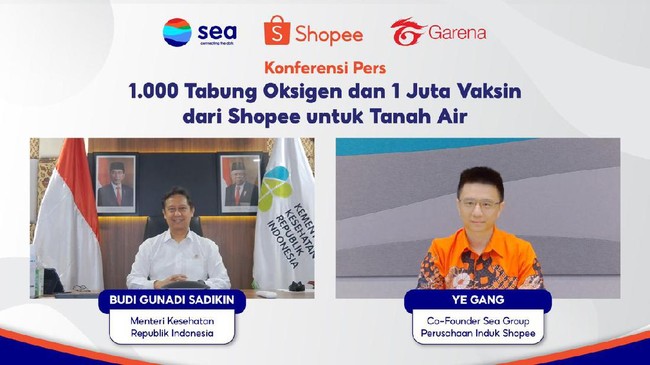 Menteri Kesehatan Budi Gunadi Sadikin mengapresiasi bantuan 1.000 tabung oksigen dari Sea Group, induk perusahaan Shopee dan Garena.