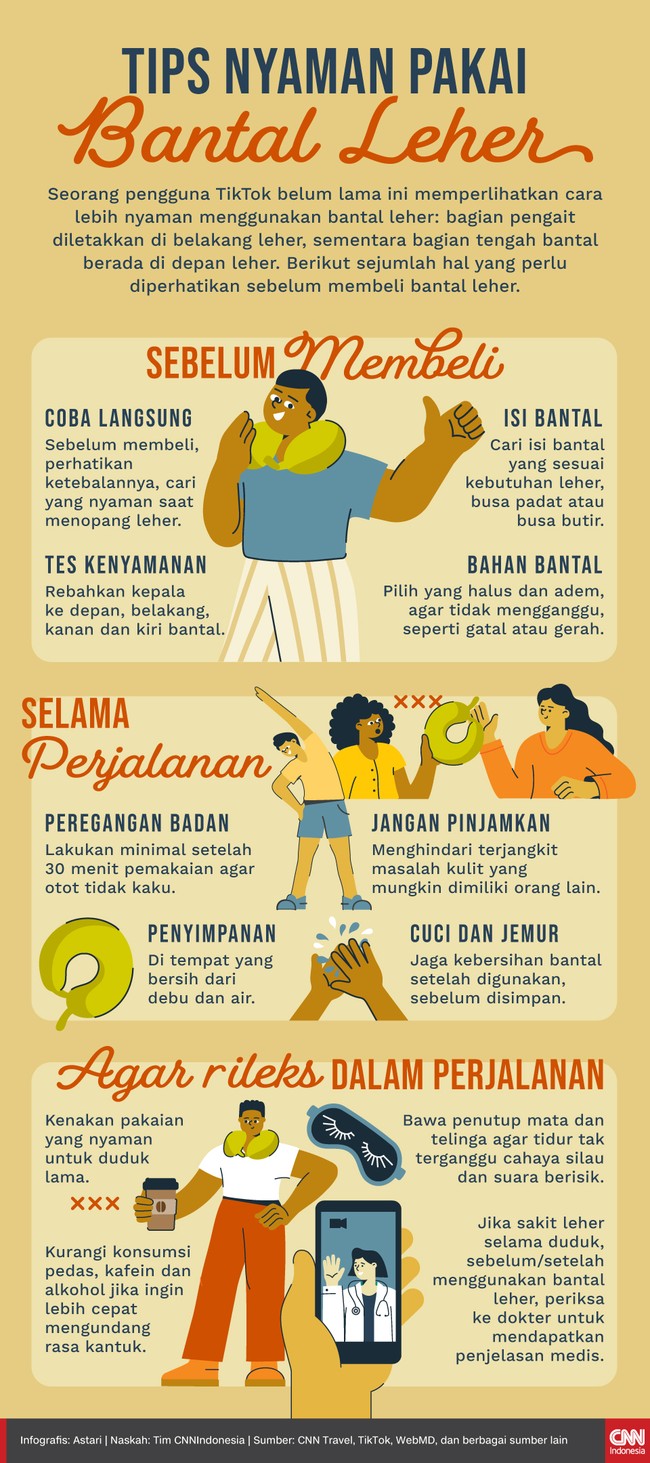 Coba langsung bantal leher sebelum membeli. Perhatikan ketebalan dan ketinggiannya, cari yang nyaman saat menopang leher.