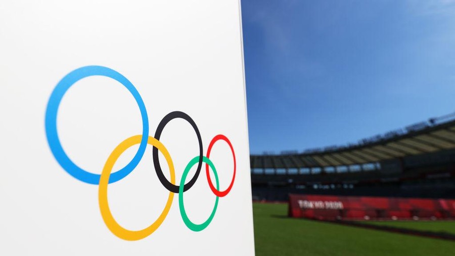 CHOFU, JAPAN - JULY 21: The Olympic ring logo is seen inside the stadium prior to the Women's First Round Group G match between Sweden and United States during the Tokyo 2020 Olympic Games at Tokyo Stadium on July 21, 2021 in Chofu, Tokyo, Japan. (Photo by Dan Mullan/Getty Images)