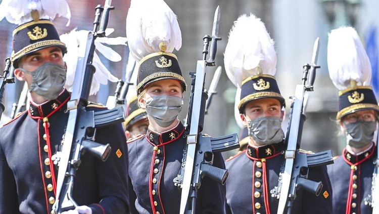 Belgium's Royal Family, from left, Princess Eleonore, Prince Gabriel, Queen Mathilde, King Philippe, Crown Princess Elisabeth and Prince Emmanuel leave after a religious service at the St. Gudula cathedral in Brussels, Wednesday, July 21, 2021. Belgium celebrates its National Day on Wednesday in a scaled down version due to coronavirus, COVID-19 measures. (AP Photo/Olivier Matthys)