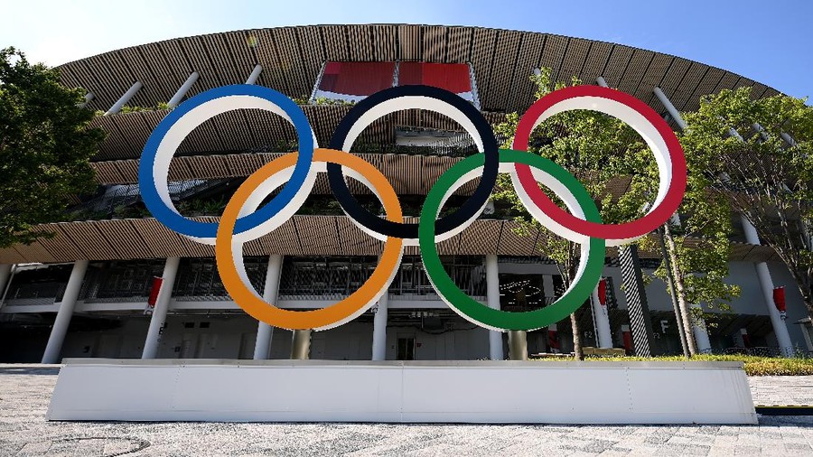 TOKYO, JAPAN - JULY 23: The Olympic rings outside of the stadium prior to the Opening Ceremony of the Tokyo 2020 Olympic Games at Olympic Stadium on July 23, 2021 in Tokyo, Japan. (Photo by Matthias Hangst/Getty Images)