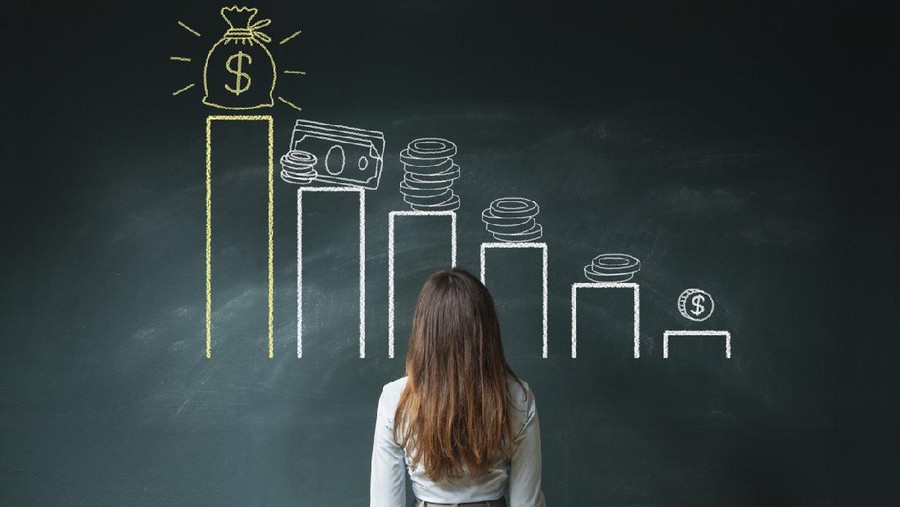 Business woman standing in front of a blackboard with a financial chart