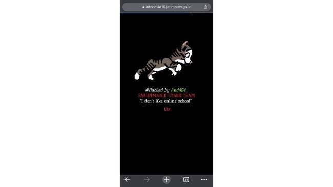 Saat diretas, laman informasi Covid-19 milik Pemerintah Provinsi Jawa Timur menampilkan gambar hewan menyerupai kucing.