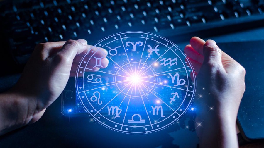 1284072023 Zodiac signs inside of horoscope circle. Astrology in the sky with many stars and moons astrology and horoscopes concept
