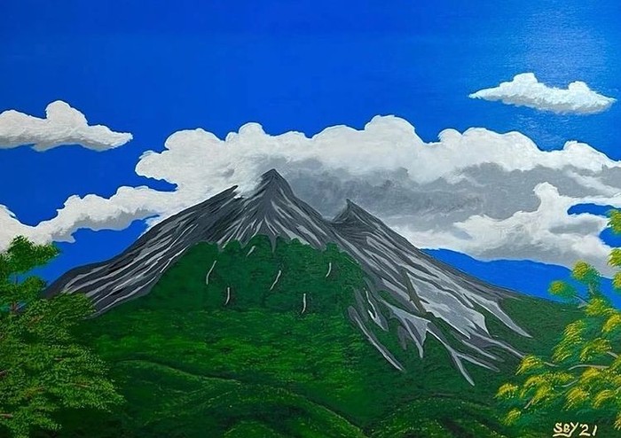 Konon, lukisan ini terinspirasi dari gunung Merapi yang ada di perbatasan provinsi Daerah Istimewa Yogyakarta dan Jawa Tengah. Foto ini menggambarkan kondisi Merapi yang sedang tenang dilengkapi dengan langit yang cerah. (Foto: instagram.com/jansensitindaon)