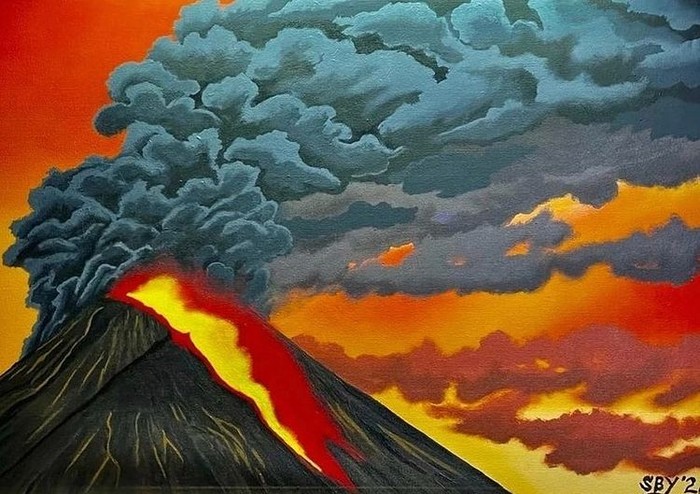 Selain melukis tentang gunung Merapi yang tenang, Bapak SBY juga melukiskan kondisi saat gunung Merapi sedang erupsi. Warna merah dan oranye dalam gambar ini sangat kuat dan terlihat realistis. (Foto: instagram.com/jansensitindaon)
