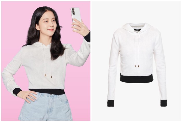 Outfit Jisoo dalam unggahan video promosi CELEBe di akun Instagramnya (9/8), pun tak luput dari perhatian. Jisoo tampil imut dengan menggunakan cropped sweatshirt dengan warna monogram dari brand Balmain seharga 1350 USD, Beauties. /Foto: Instagram.com/sooyaaac