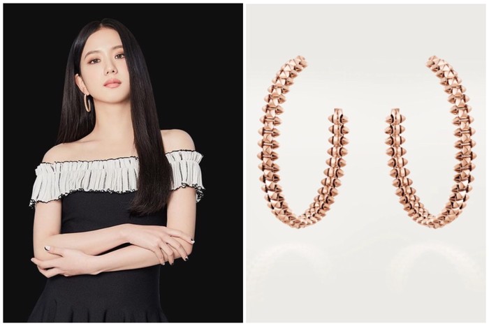 Tak ketinggalan, Jisoo melengkapi penampilannya dengan menggunakan aksesoris Clash de Cartier Hoop Earrings Small Model Berwarna rose gold dari brand Cartier seharga 7900 USD. Psst, sebelumnya Jisoo juga pernah bekerja sama dengan brand Cartier juga lho, Beauties! /Foto: Instagram.com/Celebe_official