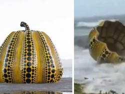 Viral! Patung Labu Kuning Yayoi Kusama Rusak Diterjang Topan