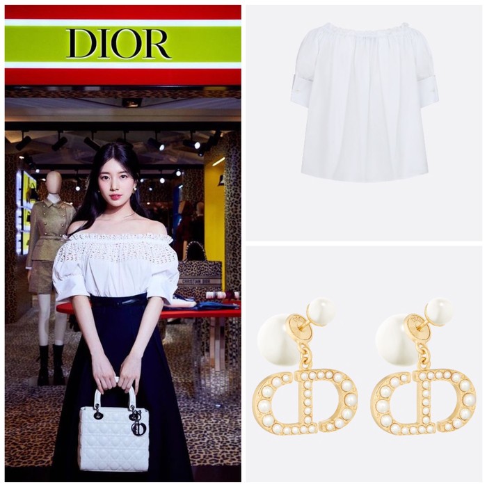 Suzy menggunakan atasan Off-Shoulder Blouse berwarna putih seharga 1550 USD dan aksesoris Dior Tribales Earrings seharga 720 USD. Atasan dan anting ini merupakan koleksi terbaru Autumn-Winter 2021 karya Maria Grazia Chiuri./ Foto: Instagram.com/skuukzky