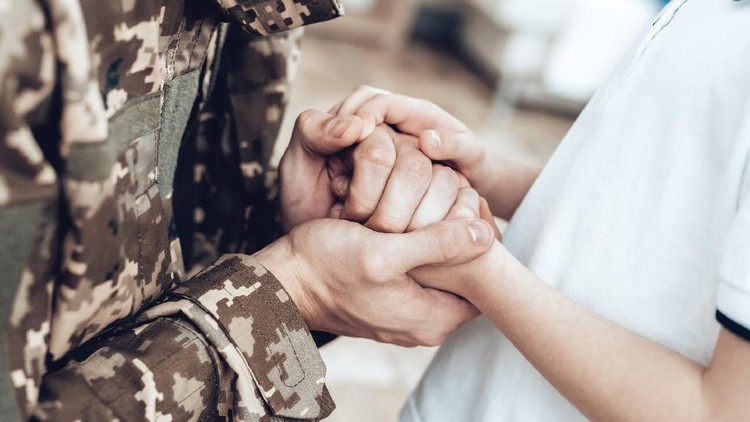 1023592128 A Man Goes To Military Service. Saying Goodbye. Leaving To Army. Farewell With Family. Camouflage Uniform. Son Hanging. Feelings Showing. Guard Of Peace. Patriotic Decision. Soldier Emotion.