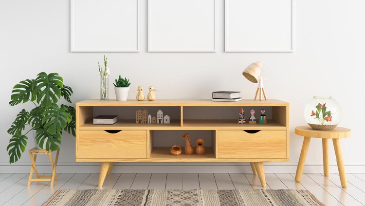 Three blank photo frame for mockup and sideboard in living room, 3D rendering