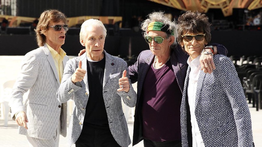 ADELAIDE, AUSTRALIA - OCTOBER 23:  Mick Jagger, Charlie Watts, Keith Richards and Ronnie Wood pose for the media ahead of their Australian tour at Adelaide Oval on October 23, 2014 in Adelaide, Australia.  (Photo by Morne de Klerk/Getty Images)