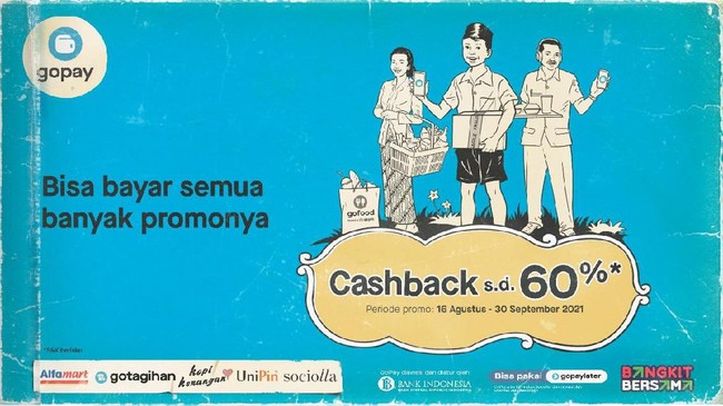 Membuat ajakan semakin menyenangkan, GoPay menyediakan promo cashback hingga 60 persen di ratusan rekan usaha lokal yang berlaku hingga 30 September 2021.