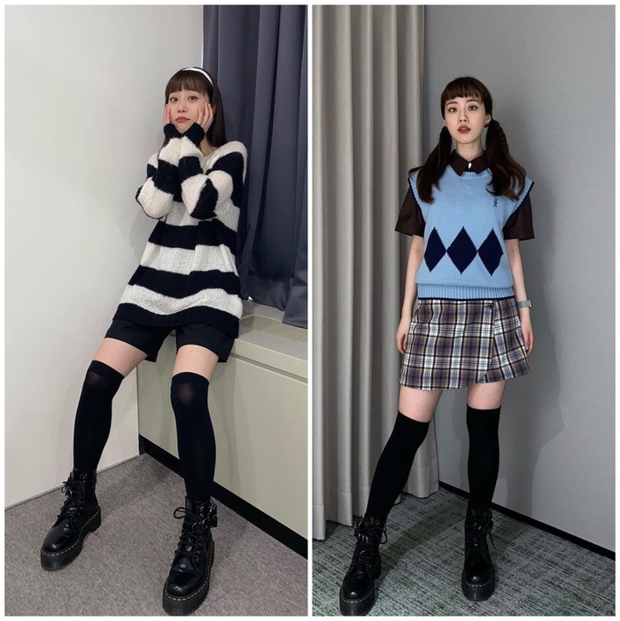 Leather boots model platform dipadupadankan dengan stripe knit sweater maupun dikombinasikan dengan memakai knit vest dan skirt pants, juga tak kalah keren nih! ./Foto: Instagram.com/young-g-hur