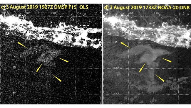 Peneliti mengungkap fenomena aneh dimana laut tampak bercahaya di laut selatan Jawa seperti tampak dari foto satelit.