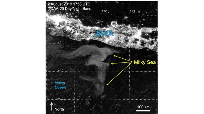 Foto satelit berhasil menangkap fenomena langka laut bercahaya di malam hari di selatan Jawa yang masih menyisakan misteri yang belum terjawab secara sains.