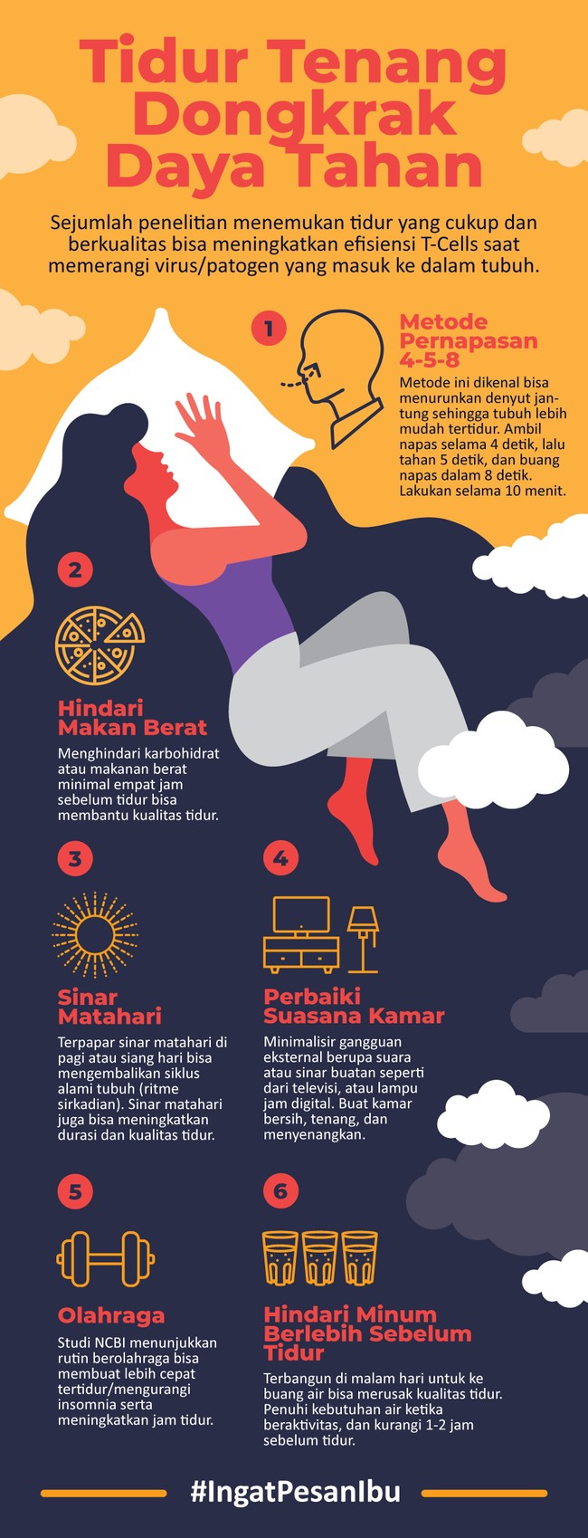 Sejumlah penelitian menemukan tidur yang cukup dan berkualitas bisa meningkatkan efisiensi T-Cells saat memerangi virus/patogen yang masuk ke dalam tubuh.