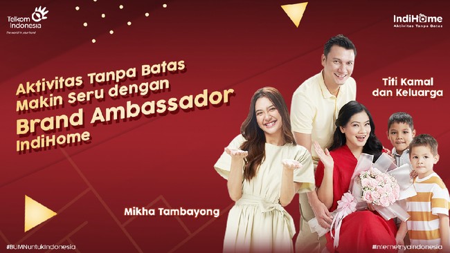 Telkom Indonesia menjadikan tiga artis, Mikha Tambayong serta keluarga Titi Kamal dan Christian Sugiono sebagai brand ambassador IndiHome.