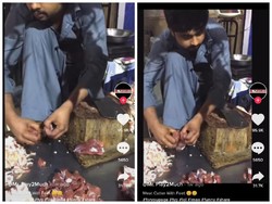 Jijik! Pedagang Ini Potong Daging dengan Pisau di Kakinya