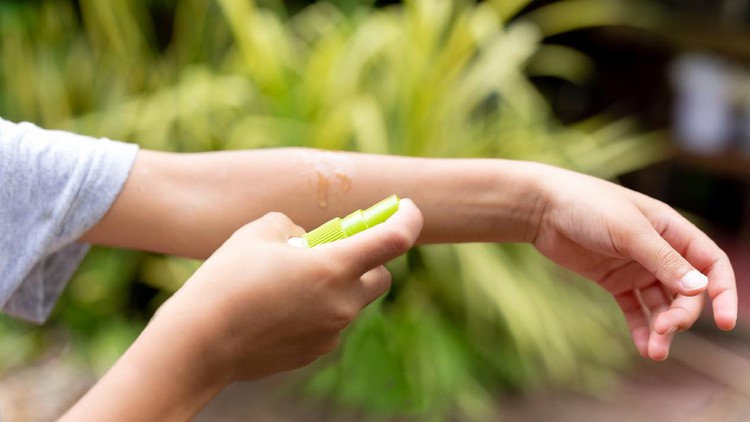 1186948073 Mosquito on kids skin. Little boy attacked by mosquitoes in tropical forest. Insect repellent. Malaria and dengue fever prevention. Child scratching itchy bite in summer park.