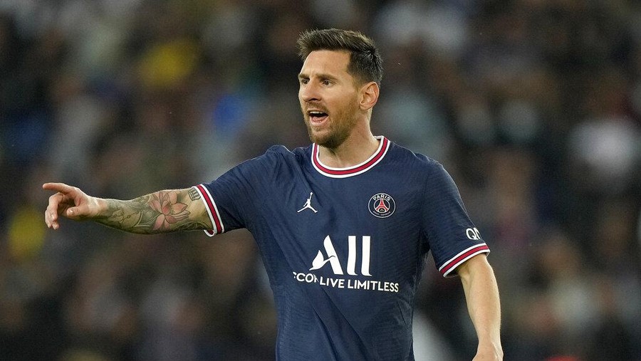 PSG's Lionel Messi reacts after Lyon's Lucas Paqueta scored the opening goal during the French League One soccer match between Paris Saint-Germain and Lyon at the Parc des Princes in Paris Sunday, Sept. 19, 2021. (AP Photo/Francois Mori)