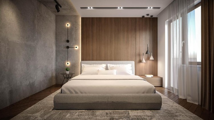 Desain Lampu Kamar Tidur Urban jungle in bedroom with double bed, lamp and carpet, real photo with copy space on the wall
