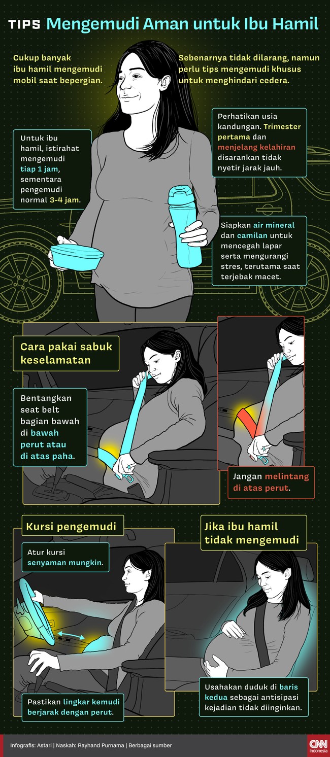 Ibu hamil sebenarnya tidak dilarang mengemudi, namun disarankan tidak melakukannya untuk mengurangi risiko.