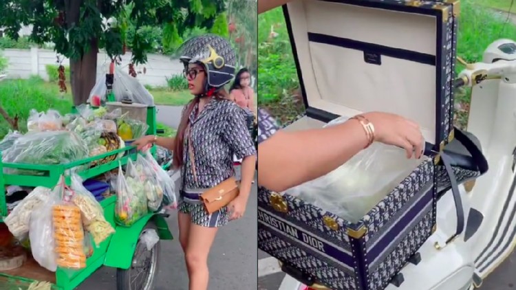 Wanita Pakai Vespa Dior Rp 1,35 M saat Beli Tempe Ini Curi Perhatian