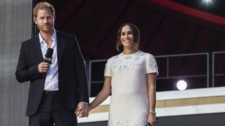 Prince Harry and Meghan Markle, Duke and Duchess of Sussex, speak during the Global Citizen festival, Saturday, Sept. 25, 2021, in New York. (AP Photo/Stefan Jeremiah)