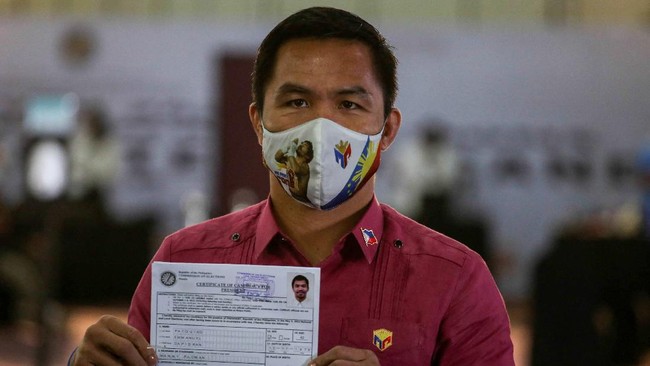 Manny Pacquiao Resmi Mendaftar Jadi Capres Filipina Manny Pacquiao resmi mendaftar sebagai calon presiden di komisi pemilihan umum Filipina pada Jumat (1/10) untuk Pemilu Filipina 2022.