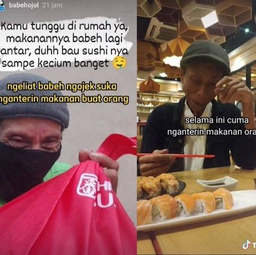 Terbiasa Antar Pesanan, Babeh Ojol Terharu Diajak Anak Makan Sushi